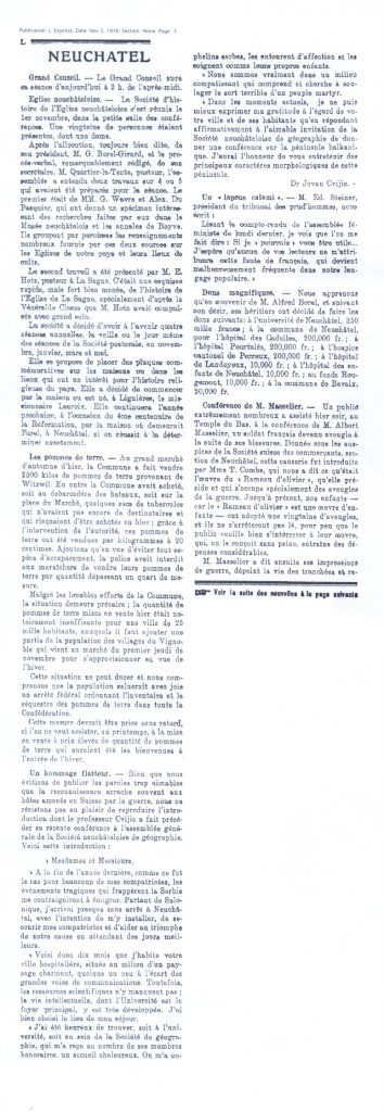 Чланак у Дневном нешателском листу „Fenille d'Auis de Neuchatel“, објављен у новембру 1916. године