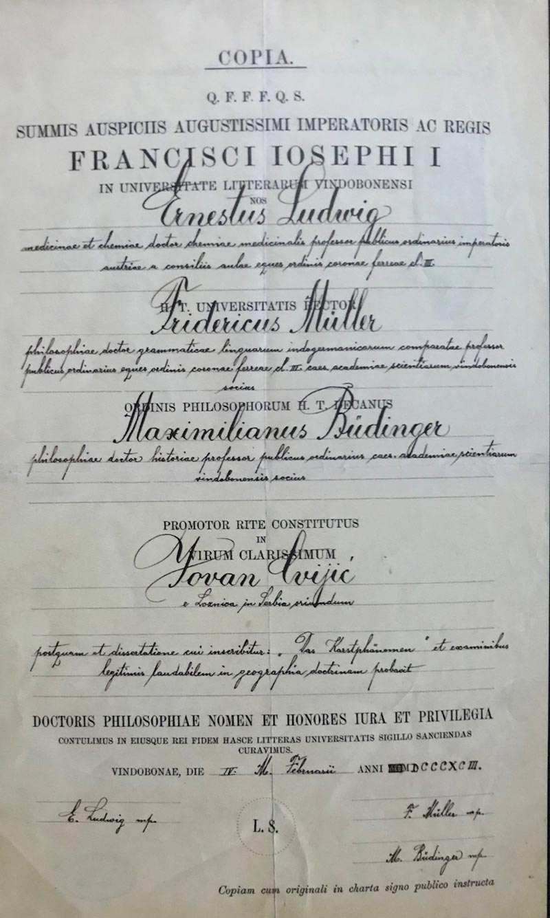 Диплома о промоцији Јована Цвијића за доктора наука на Универзитету у Бечу, 4. фебруар 1893, Музеј града Београда, ЈЦ 238